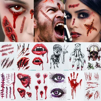 5шт Етикети с татуировка на Хелоуин с кървава рана, Грим Зомбита, Водоустойчив Временна татуировка, Украса за грим с изкуствена кръв на Хелоуин