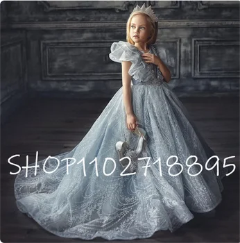 Луксозни рокли с цветя модел за момичета 2023 г., детско сватбена рокля със завързана фатином и кръгло деколте, рокли на принцеси за момичета трапецовидна форма, с влак