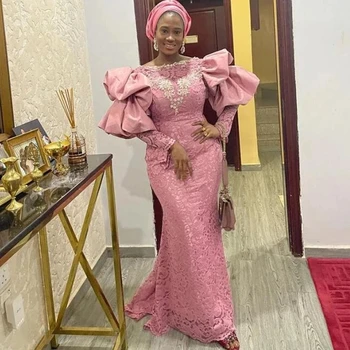 Елегантни Розови дантелени вечерни рокли Aso Ebi Нигерийски Дамски официални рокли за бала с дълги ръкави 2023 Сватбената Фиеста за гости