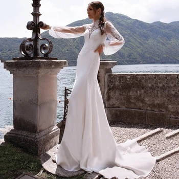 Прозрачно дантелено сватбена рокля с високо воротом и иллюзионными дълги ръкави, реколта апликации, плажни рокли за сватбеното парти в стил русалка копчета