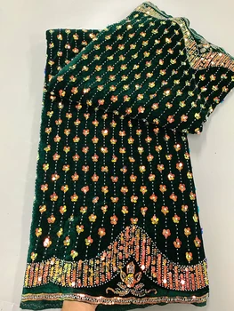 Зелена Нигерийская луксозна лейси плат, ръчно изработени beaded 2024 Благородна Африканска кадифе лейси плат с пайети за шивашки на сватбена рокля