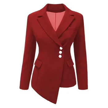 През есента 2023 дамско сако, палто плътен цвят с дълги ръкави однобортный офис дами джоб памук асиметричен случайни блейзър